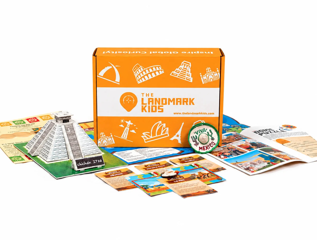 The Landmark Kids Mexico box with the Chichén Itzá model, map, mission cards and souvenir patch
