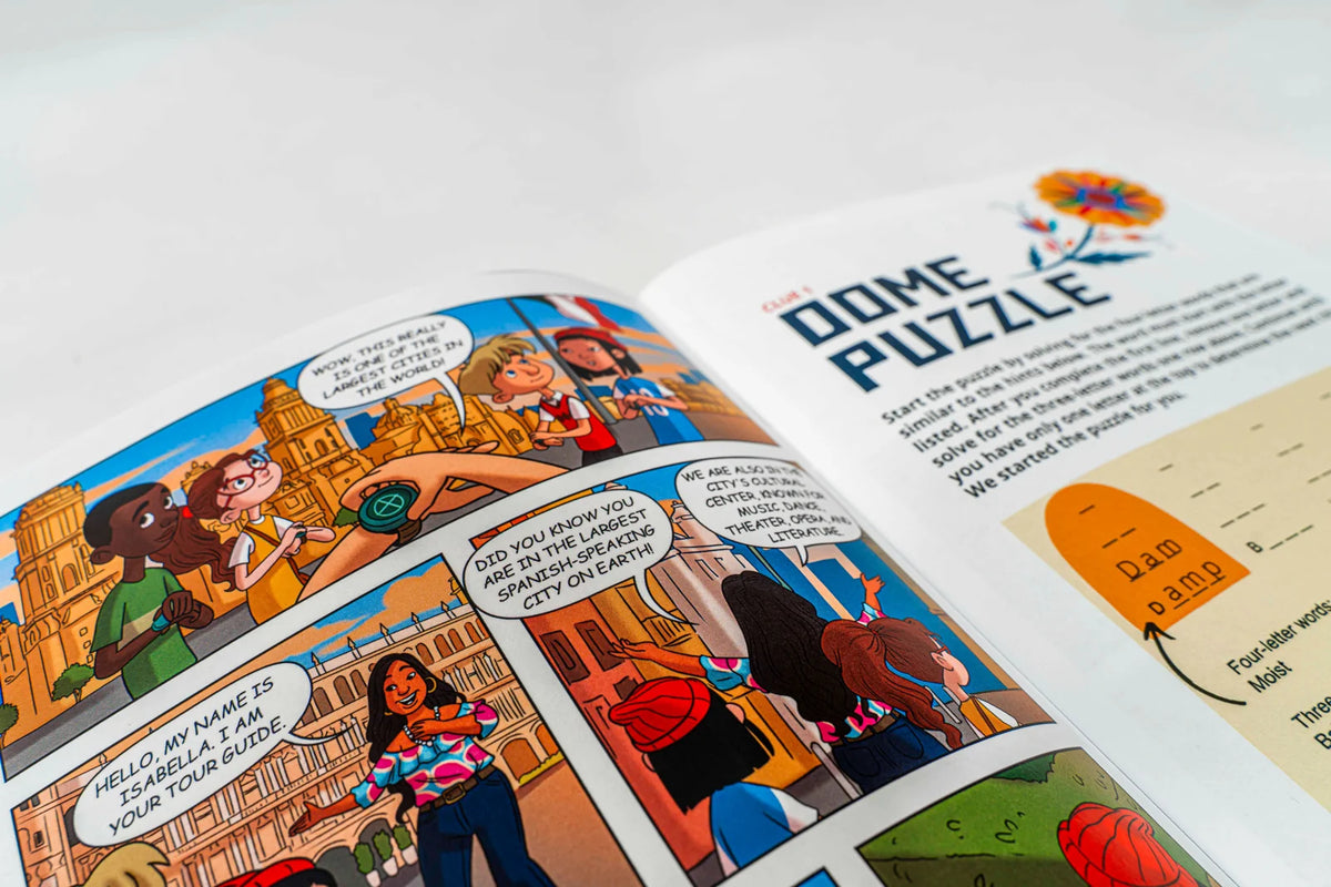 The mission comic magazine open to a puzzle page