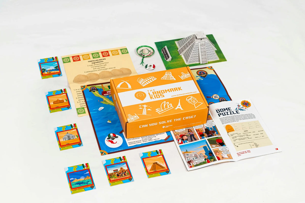 Everything in a Mexico box laid out: box, map, cards and puzzles