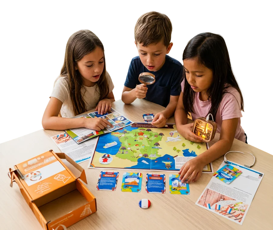Three kids solving a mission around a Chichen Itza model